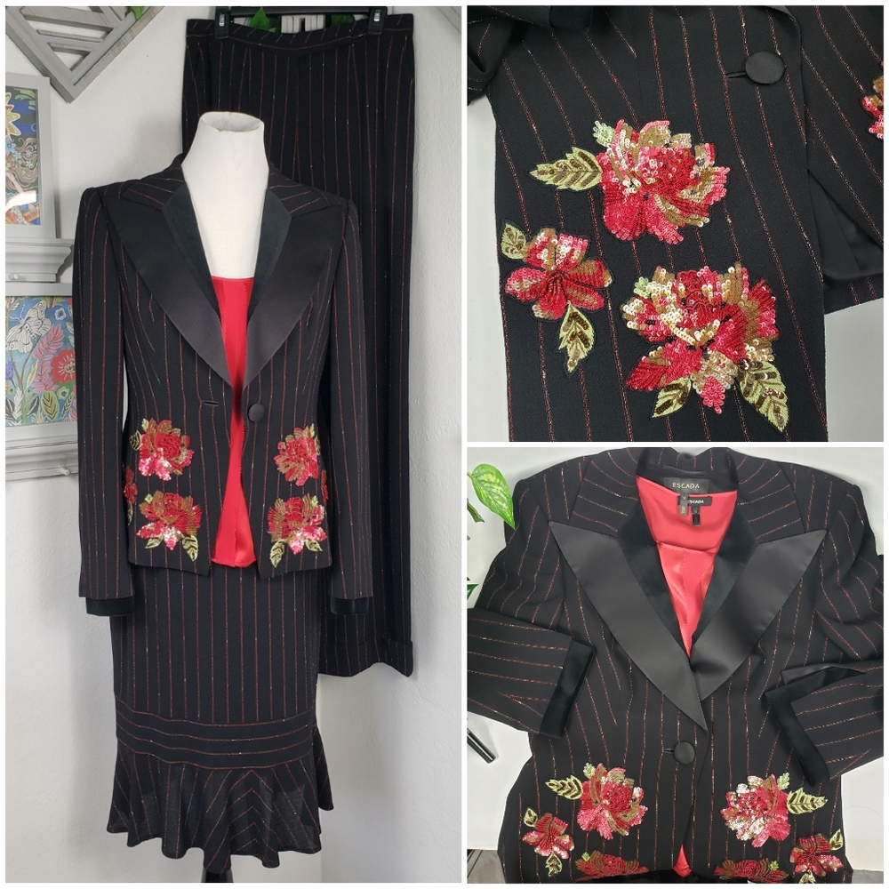 Escada 4p Black & Red Pinstripe w/Sequined Flowers - Feminine Nostalgic Vintage